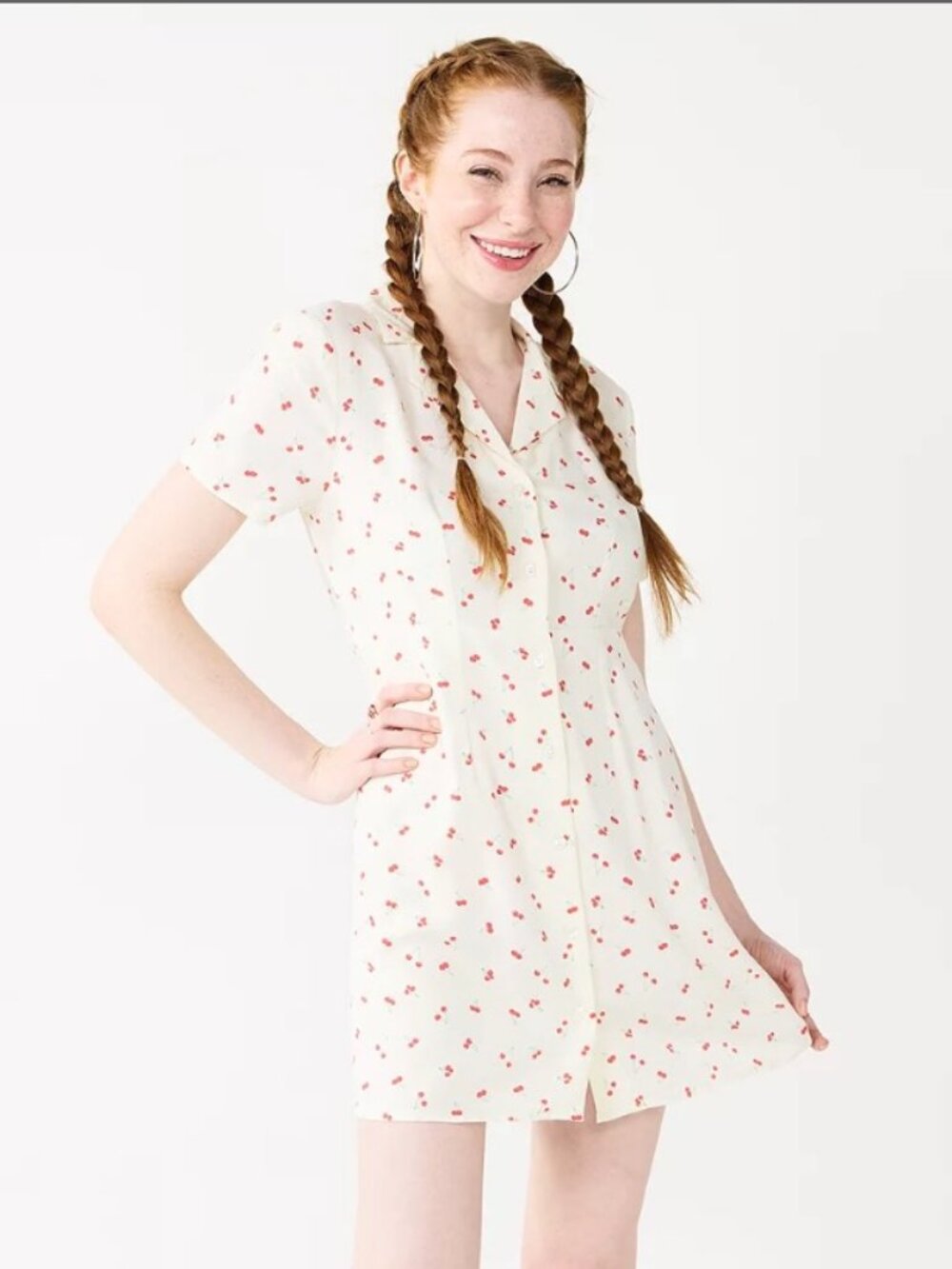 SO Goods For Life Cream & Cherry Print Shirt Dress Size L Juniors